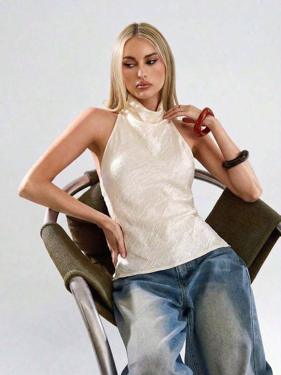 Un top rojo, brillante, sin cuello, con espalda descubierta, elegante, formal, lujoso, elegante, para ocasiones como otoño, invierno, Navidad, Año Nuevo, salidas, graduación, baile de graduación, cumpleaños, oficina, conciertos de country, club, - Albaricoque - Ver 1