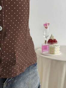Camisa de mujer con cuello en V, cintura fruncida y manga corta, color blanco, para primavera/verano - Marrón - Ver 6