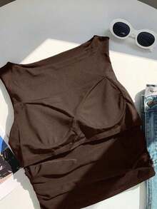 2 piezas Camiseta ajustada con pliegues versátil y casual para mujer - Café integral - Ver 6