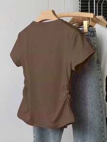 Ropa exterior para mujer, nueva llegada de verano, camiseta ajustada con pliegues, estilo elegante y versátil, fotografía de calle, imprescindible, temporada de vuelta al colegio, 100% llamativa, camiseta de mujer de manga corta para verano - Marrón Mocha - Ver 2