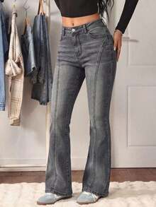 Explorewe Jeans de mezclilla estilo Y2K versátiles lavados y desgastados con pierna acampanada y elásticos para niñas adolescentes - Azul - Ver 10