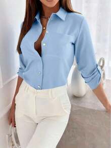 Camisa de mujer de manga larga de unicolor casual con puño - Celeste - Ver 1