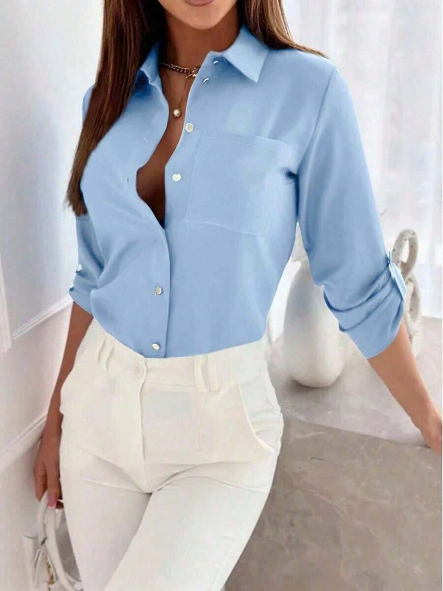 Camisa de mujer de manga larga de unicolor casual con puño - Celeste - Ver 1