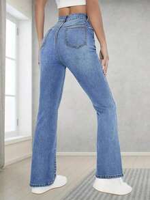 Jeans de campana clásicos y versátiles, cómodos y elásticos para adolescentes - Azul lavado medio - Ver 2