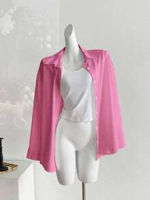 Camisa casual de manga larga, de un solo pecho, de unicolor y holgada para mujer - Rosa - Ver 5