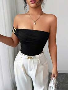Top de tirantes casual y ajustado con decoración de hombro oblicuo para mujer - Negro - Ver 3