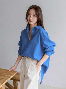 -Less Camisa de mujer de manga larga de un solo pecho, de unicolor, de hombros caídos, para uso casual y de negocios - azul real - Ver 6