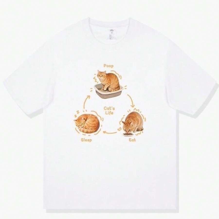 Camiseta de manga corta divertida con diseño de gato tridimensional [comiendo y durmiendo, gato naranja] para hombre y mujer, de algodón puro. - Blanco - Ver 1