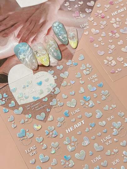 Adesivos de Arte de Unhas Oceano do Coração, 1 peça Adesivos de Unhas Autoadesivos 5D em Relevo Azul e Rosa para DIY - Suprimentos de Unhas e Encantos de Unhas para Meninas e Mulheres - Unhas de Primavera e Verão para Arte de Unhas, Casa, Férias, Salão, Dia das Mães