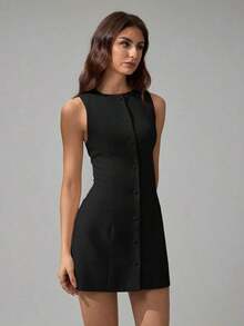 Tall Vestido mini elegante de unicolor con cuello redondo y sin mangas para mujer - Negro - Ver 5
