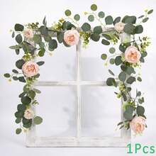 1 pieza Corona de flores artificiales, corona floral de eucalipto de primavera con peonía vintage, rosa y vid, hojas verdes, decoración de pared, decoración de arco de boda, decoración de fiesta - Rosa Pálido - Ver 10