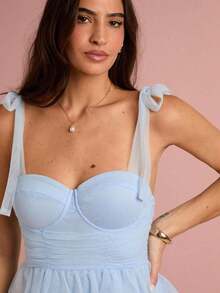 Vestido de mujer elegante de unicolor con tirantes de malla - Celeste - Ver 6
