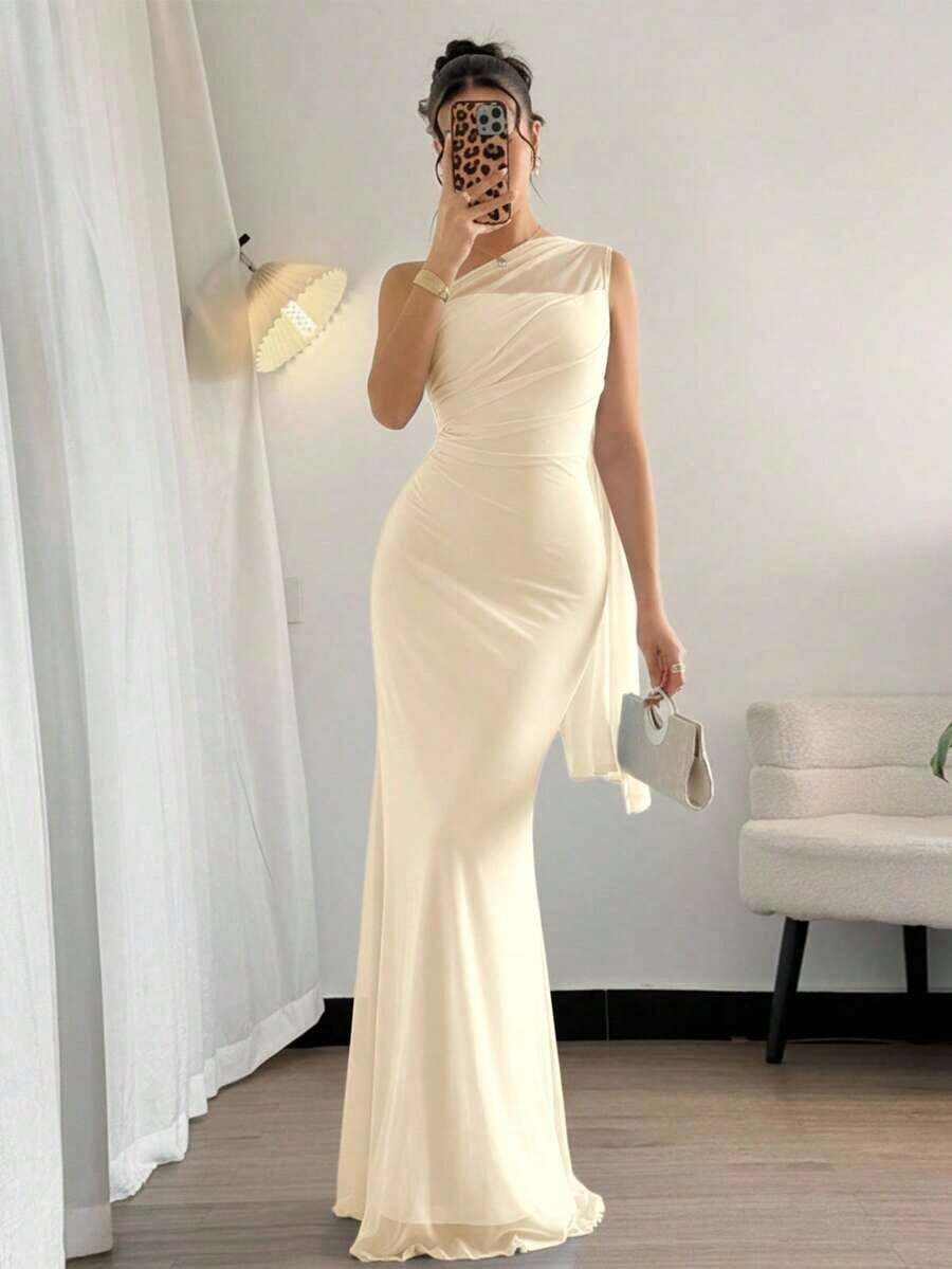 Vestido maxi ajustado de estilo elegante y romántico, con cuello asimétrico, adecuado para fiestas, vacaciones en la playa, vuelta al colegio, citas románticas, temporada de bodas, cumpleaños, Pascua, primavera/verano - Caqui - Ver 1