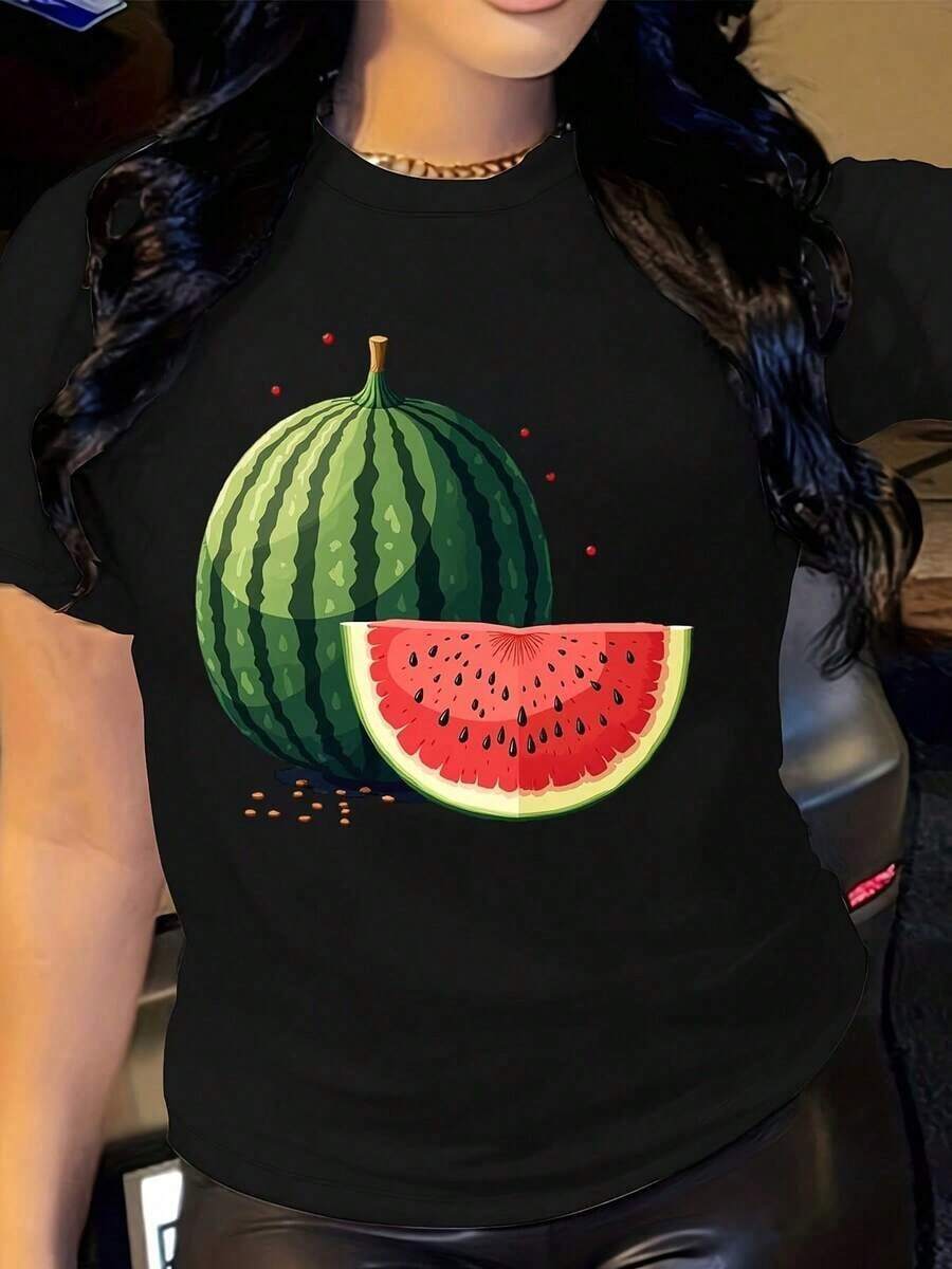 Women's Vintage Watermelon Print T-Shirt - Soft Crew Neck, Short Sleeve, Green Rind And Red Seed Design, Breathable, Casual, For Beach, Picnic, Casual Wear - Fruit Slice Outfit (Machine Washable) Women's T-Shirt - 黑色 - 查看 1