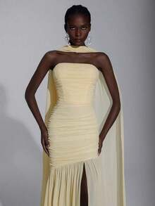 Elegante vestido de gasa de color crema amarillo, sencillo y elegante, con cuello halter (lentejuelas desmontables), busto fruncido, bajo de malla transparente y cola de pez, adecuado para citas, vacaciones, bodas y eventos de damas de honor - Amarillo - Ver 2