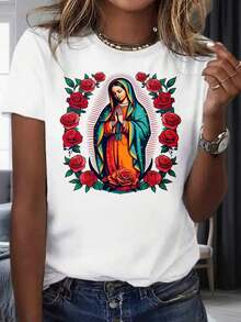 Virgin Mary T-Shirt With Roses, Women's Catholic Religious Icon Graphic T-Shirt, Faith And Spirituality Clothing, Short Sleeve White Blouse, Party And Event Wear, 220mg, 100% Cotton, Women's Warm Clothing - 白色 - 查看 7