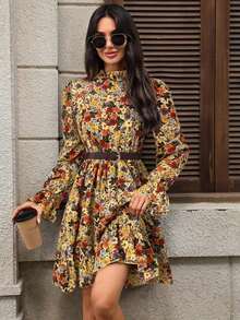 Vestido corto casual de manga larga con cuello alto y estampado floral para mujer - Albaricoque - Ver 1