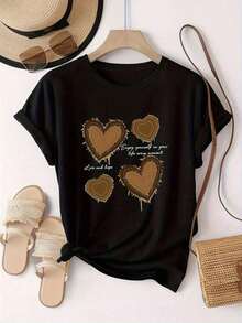 Camiseta de manga corta para mujer con estampado de corazones vintage en color marrón - Blusa casual de cuello redondo con tela de elasticidad media, top cómodo para todas las estaciones, ideal para atuendos casuales, viajes y para usar en capas, lavable a máquina. - Negro - Ver 5