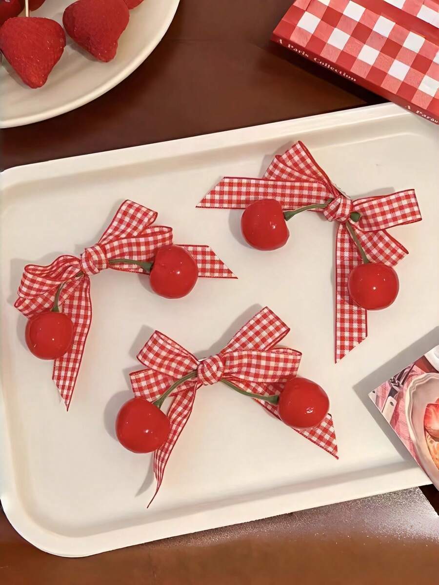 3pcs Vintage Velvet Bow & Cherry Hair Clips, Cute Side Bangs Clips For Girls - Multicolor - View 1