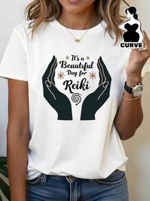 Camiseta de talla grande para mujer/Estampado gráfico "Es un hermoso día para Reiki"/Top casual de manga corta y cuello redondo para verano y primavera/Ropa de mujer - Blanco - Ver 2