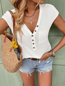 Camiseta de punto de gofre de cuello en V sólido, de manga corta, casual para primavera y verano - Blanco - Ver 6