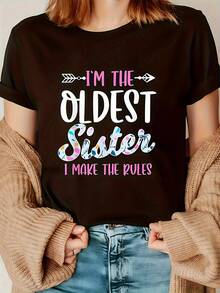 Elegante Camiseta Casual - Lema "Yo soy el Jefe, yo establezco las reglas" con patrones geométricos coloridos, camiseta negra de manga corta y cuello redondo, lavable a máquina, conjuntos a juego para hermanas, adecuada para todas las estaciones, diseño estampado duradero, camiseta de moda chic. - Negro - Ver 1