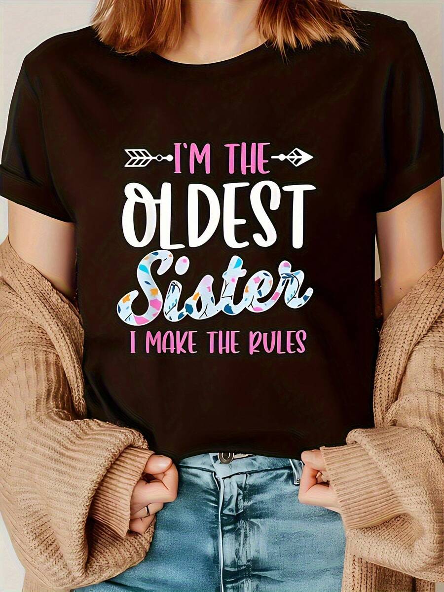 Elegante Camiseta Casual - Lema "Yo soy el Jefe, yo establezco las reglas" con patrones geométricos coloridos, camiseta negra de manga corta y cuello redondo, lavable a máquina, conjuntos a juego para hermanas, adecuada para todas las estaciones, diseño estampado duradero, camiseta de moda chic. - Negro - Ver 1