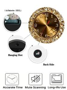 1pc 25/30cm (Batteries Not Included) 2D Flat Golden Diamond Theme Wooden Silent Decorative Wall Clock, Creative Design, Suitable For Bedroom, Living Room, Office - Multicolor - View 5