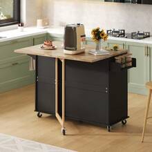 Large Mobile Kitchen Table L137*W43(76)*H92cm, Oak Top, Foldable, Multifunctional Furniture, 3 Drawers, Towel Rack, Ideal For The Kitchen, Dining Room, Home - Black - View 9