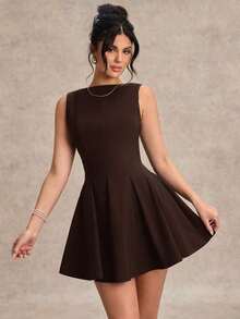 Vestido negro sólido, minimalista y sexy de corte evasé en tono burdeos para mujer, vestido para citas, vestido de dama de honor corto, vestido negro elegante para primavera/verano - Café integral - Ver 5