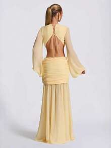Vestido largo de gasa manga larga espalda descubierta color liso elegante - Amarillo - Ver 3