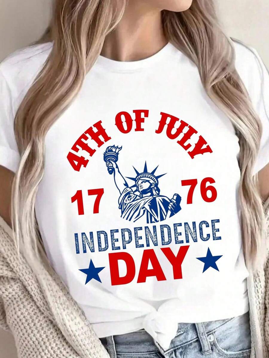 Camiseta del 4 de julio con la Estatua de la Libertad y el Día de la Independencia (1776). Camiseta patriótica de algodón puro unisex de 220 g. Peso ideal para todas las estaciones, apta para hombres y mujeres. Tejido duradero de alta calidad, suave al tacto y de larga duración. Transpirable. Adecuada para la primavera y el verano, vacaciones, Día de la Madre y Día de la Independencia. - Blanco - Ver 1