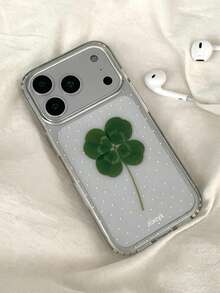 Casing Ponsel Minimalis Motif Daun Semanggi Empat Daun Polkadot Mengkilap, Kompatibel dengan iPhone 17ProMax 17Pro 17 16ProMax 16 15 14 13 Pro Max, Casing Lembut Anti Jatuh yang Lucu - Clear - View 3