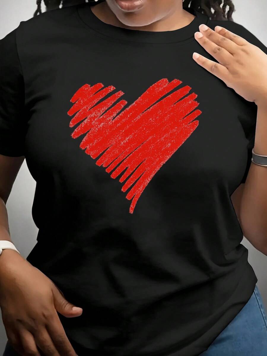 Womens Casual Cotton High Stretch Short Sleeve Round Neck T-Shirt with Red Heart Print Regular Length Top - Negro - Ver 1