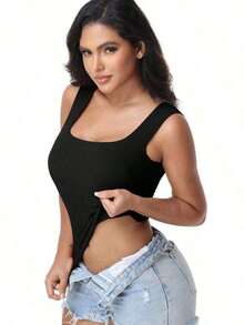 Women's Built-In Bra Tank Top Ribbed Slim Fit Wire Shelf Padded Tank Shirts Wide-Strap Square Neck Undershirt - Black - View 2