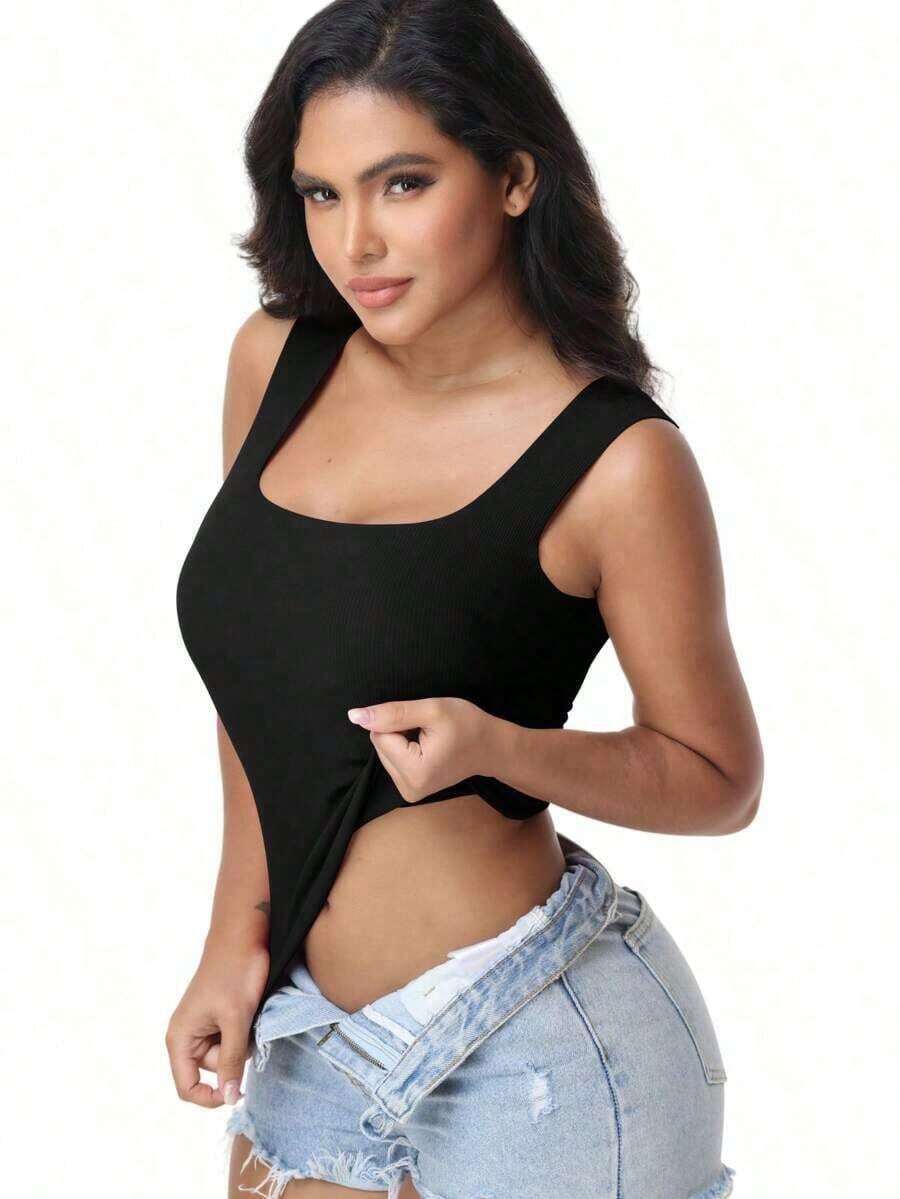 Women's Built-In Bra Tank Top Ribbed Slim Fit Wire Shelf Padded Tank Shirts Wide-Strap Square Neck Undershirt