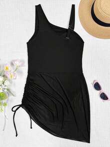 Traje de baño de una sola manga con cordón, busto acolchado, empalme de malla, traje de baño sexy de una pieza con falda transparente negra, falda sexy para vacaciones, conjunto sexy negro, cubierta de traje de baño negro - Negro - Ver 2