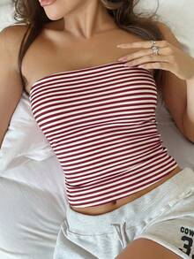 Áo tank top không dây, màu trơn, co giãn ôm sát dành cho nữ của Vaiaye, áo camisole cơ bản không dây thời trang cho mùa xuân và mùa hè. - Sọc đỏ và trắng - Xem 9