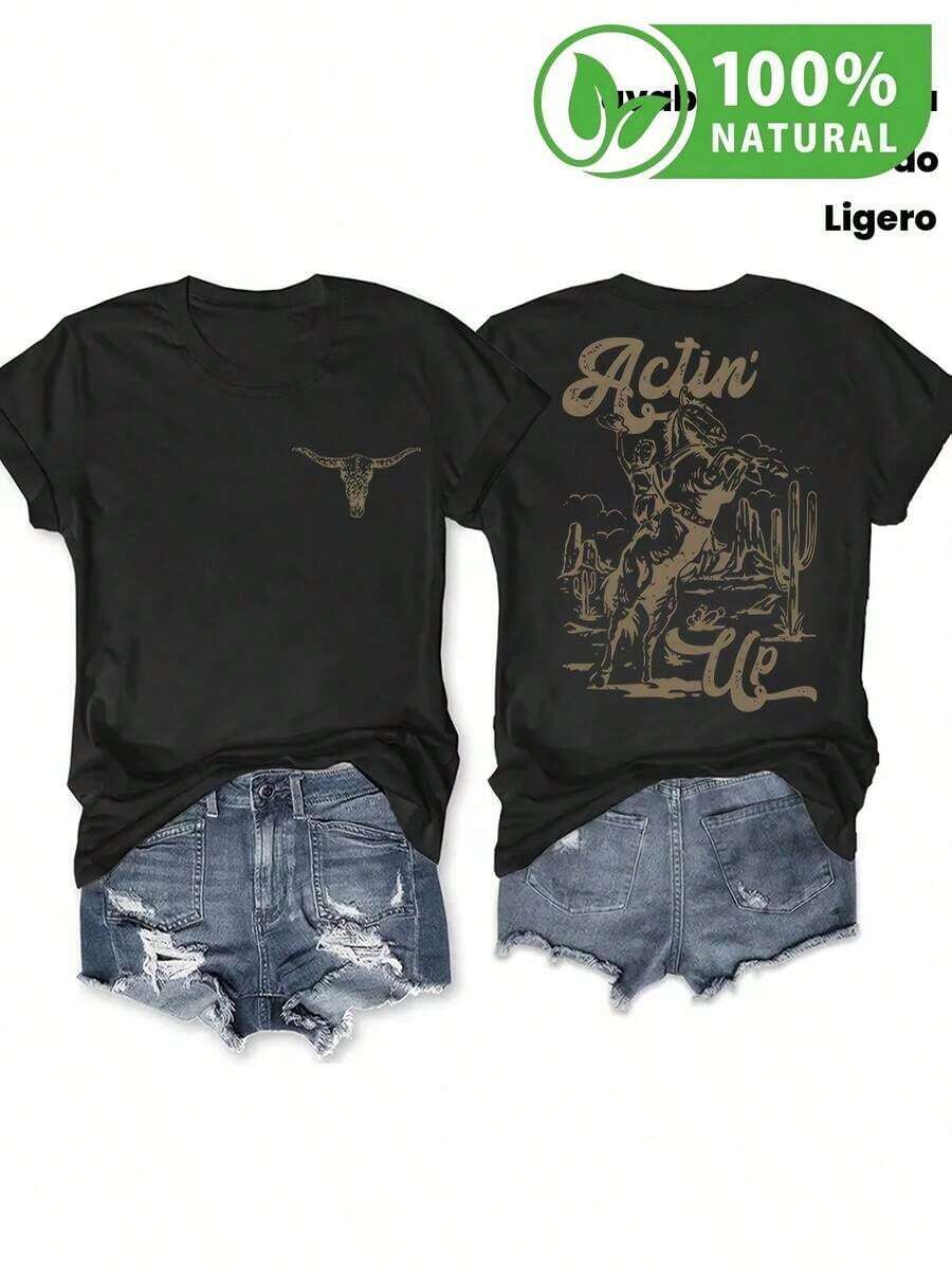 T-shirt negra estampada Actin' Up estilo vaquero con diseño de cactus y toro en el desierto perfecta para verano lavable a máquina cómoda ligera para hombre y mujer ideal para fiestas y casual looks blusa de moda autentica playera unisex atmosfera mexicana casual sofisticada(Casual style, retro style, unisex) - Negro - Ver 1