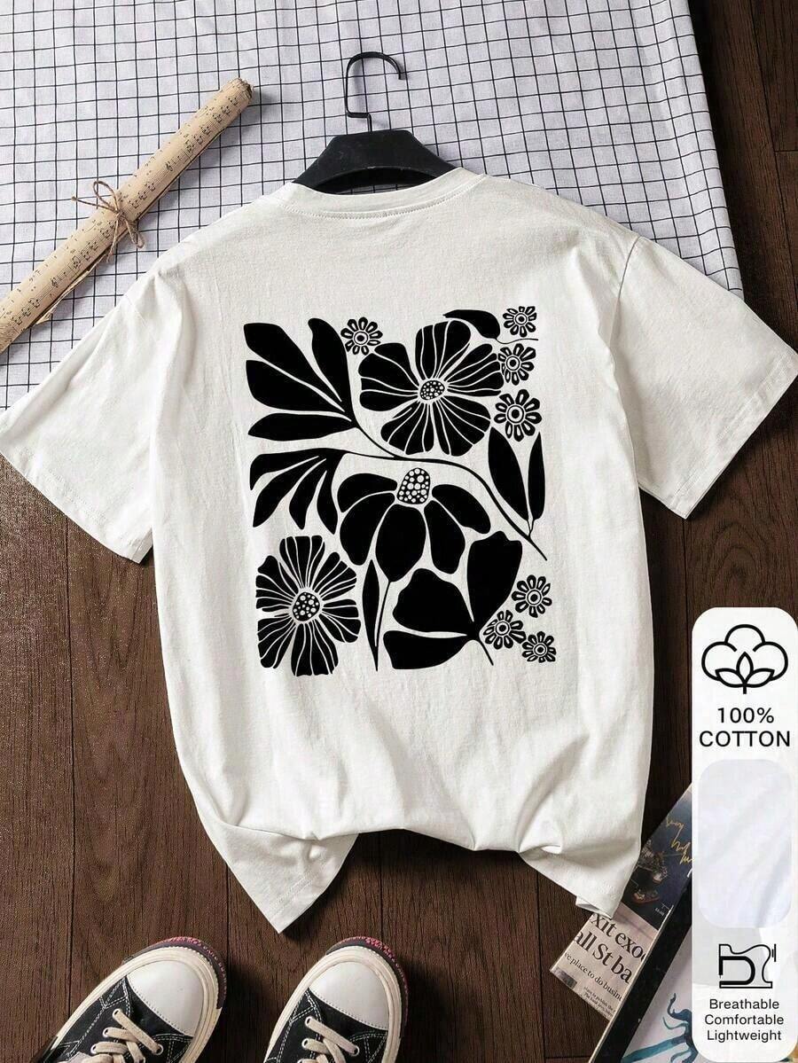 Women's Loose-Fitting Floral Print T-Shirt, White Short-Sleeved Graphic Design T-Shirt, Casual Round Neck Summer T-Shirt, Lightweight Blend, Available In Multiple Sizes, Perfect For Holiday Gifts. - 白色 - 查看 1