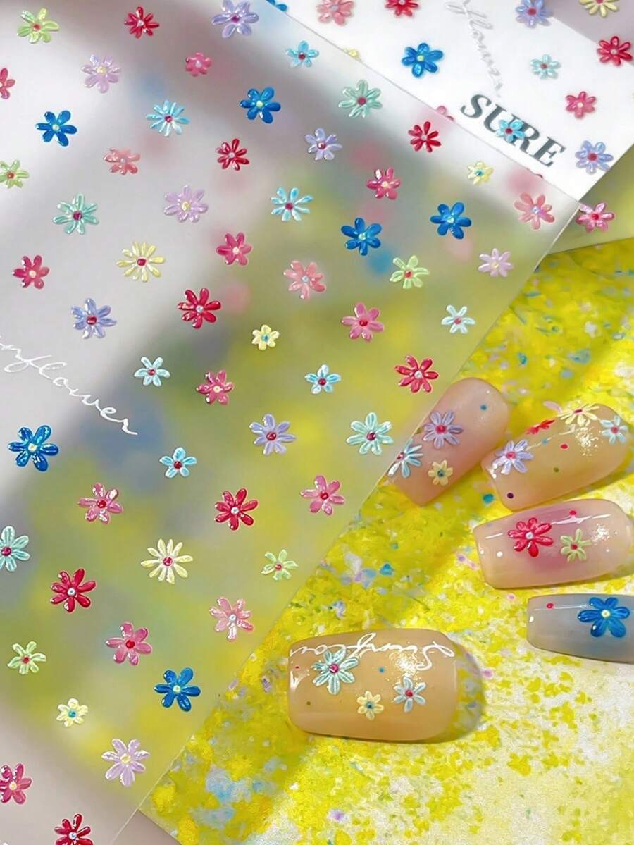 1 Foglio di adesivi per unghie con fiori piccoli e freschi a forma di conchiglia, decorazioni per unghie fai-da-te con fiori a 5 petali versatili - Multicolore - Visualizzare 1