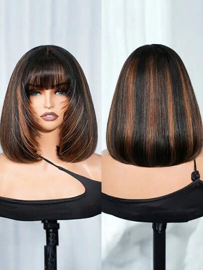 ARABELLA 6x6 Transparent Lace Human Hair Wigs With Bangs Glueless Wear Go Short Bob Wigs 100% Human Hair Silky Straight For Women 6 Inch Deep Part Straight Bob Hair Wigs Brown Highlight 150% Density 10-14 Inch Bleached With Tiny Knots Beginner Friendly Natural Daily Use