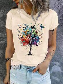 Soft 100%CottonSoft 100%CottonT-ShirtWomen's Casual Round Neck Short Sleeve Regular Length Butterfly Tree Graphic TeeBreathable Cotton Tee, All Matchcoolcool - 杏色 - 查看 8