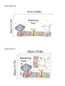 1pc Cartoon Cute Elephant & Rabbit Reading Time Wall Decal, Removable Wall Sticker For Bedroom, Living Room, Kids Room, School - 1PC - View 6