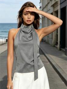 Womens Halter Tank Tops Summer Fashion Solid Color Mock Neck Backless Going Out Vest - Grey - View 1
