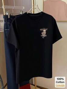 Women's Plus Size Custom Cartoon Teddy Bear Print Mid-Length Short-Sleeve T-Shirt, Loose Fit And Slimming Design, Casual Style, White, Summer Vintage Urban Style, Loose Cotton, Round Neck And Short Sleeve. - 黑色 - 查看 3