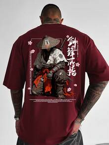 男士時尚日系賽博龐克插畫印花黑色圓領短袖T恤，街頭風 - 酒紅色 - 查看 4