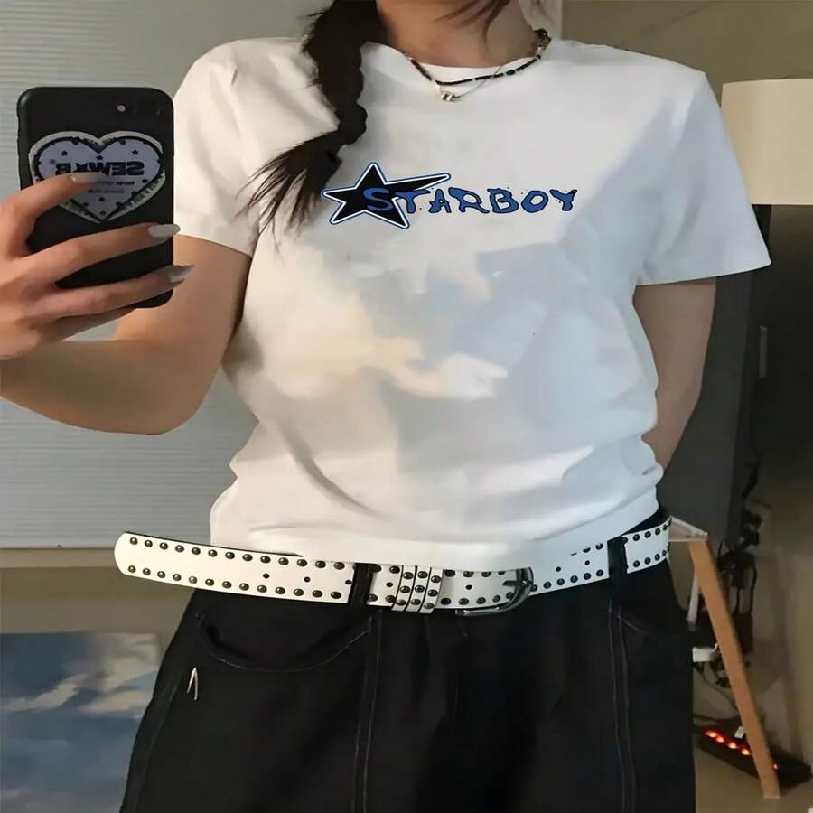 Women's Sexy Casual Elegant White Round Neck Cotton Short Sleeve Regular T-Shirt with Starboy Print and High Stretch Fabric for Everyday Wear - Blanco - Ver 1