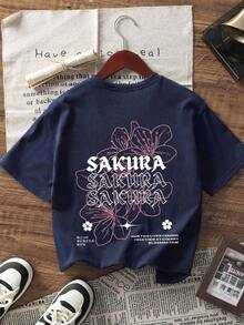 White Short-Sleeved Round-Neck T-Shirt With A Romantic Japanese Cherry Blossom Letter Print, Simple And Versatile, Suitable For Women. Pure Cotton Short-Sleeve Shirt - 海軍藍 - 查看 3