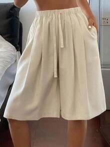 Pantalones rectos sueltos de unicolor con cintura elástica y cordón, informales de lino para el verano - Albaricoque - Ver 7